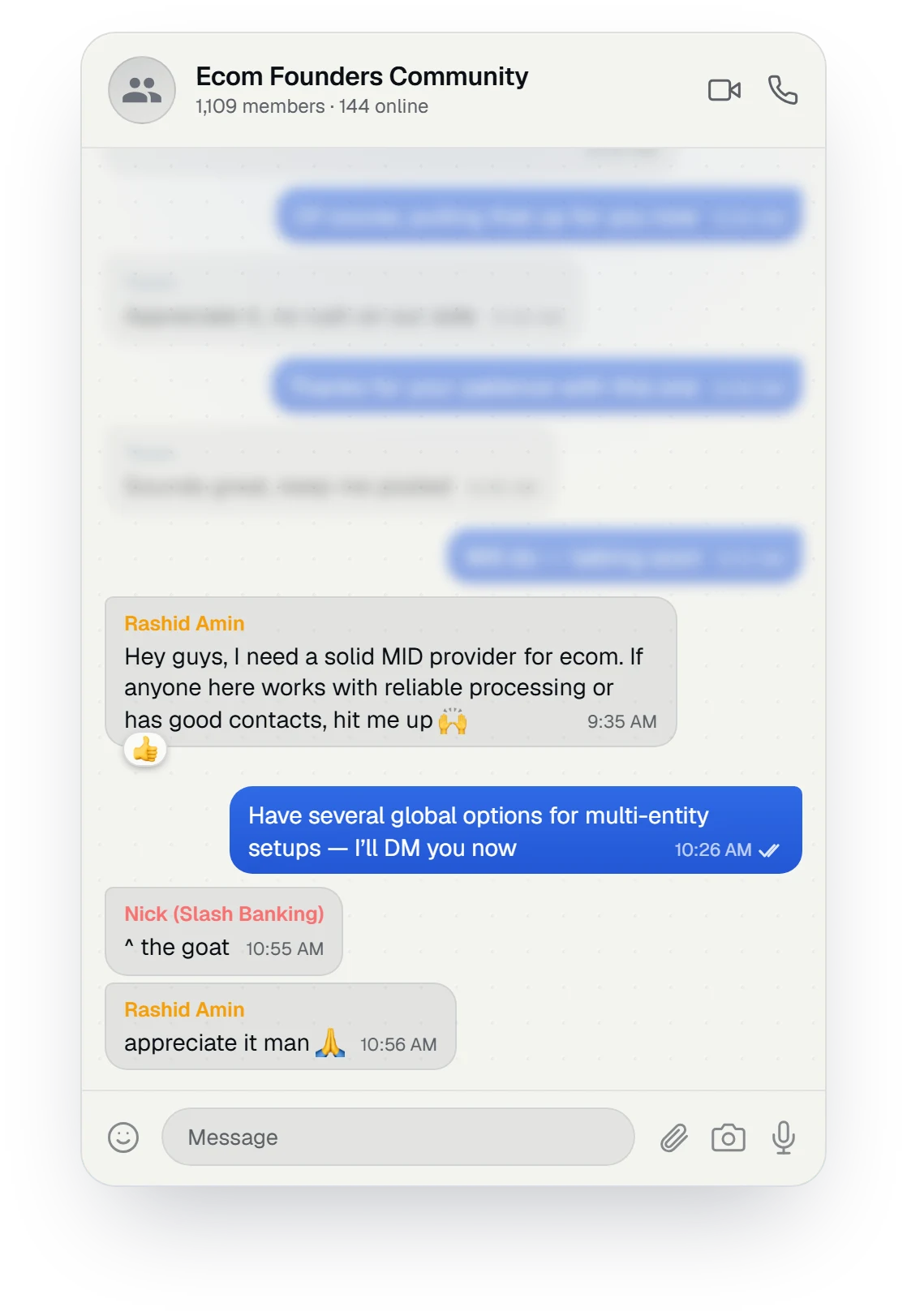 eCommerce founders community chat calling the Compaytence team "the goat"