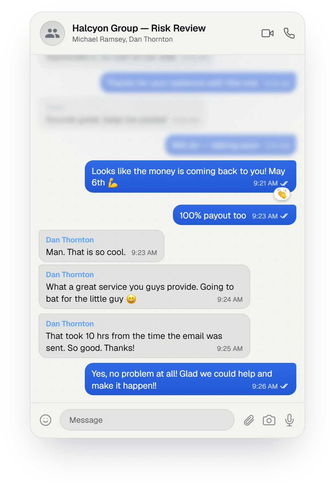 Client chat praising the service for going to bat on their behalf