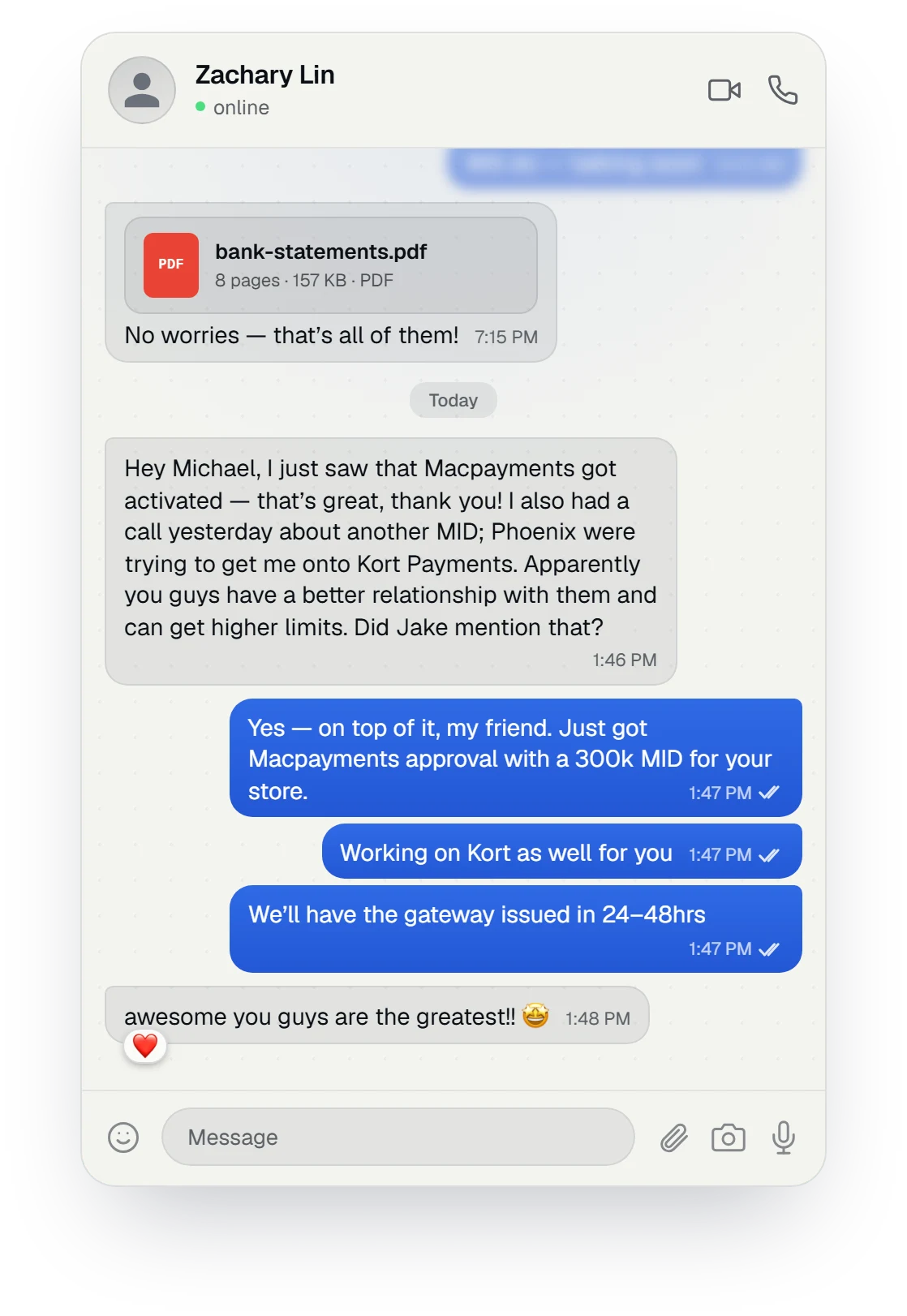 Client chat: Macpayments activated with a 300K MID, gateway issued within 48 hours