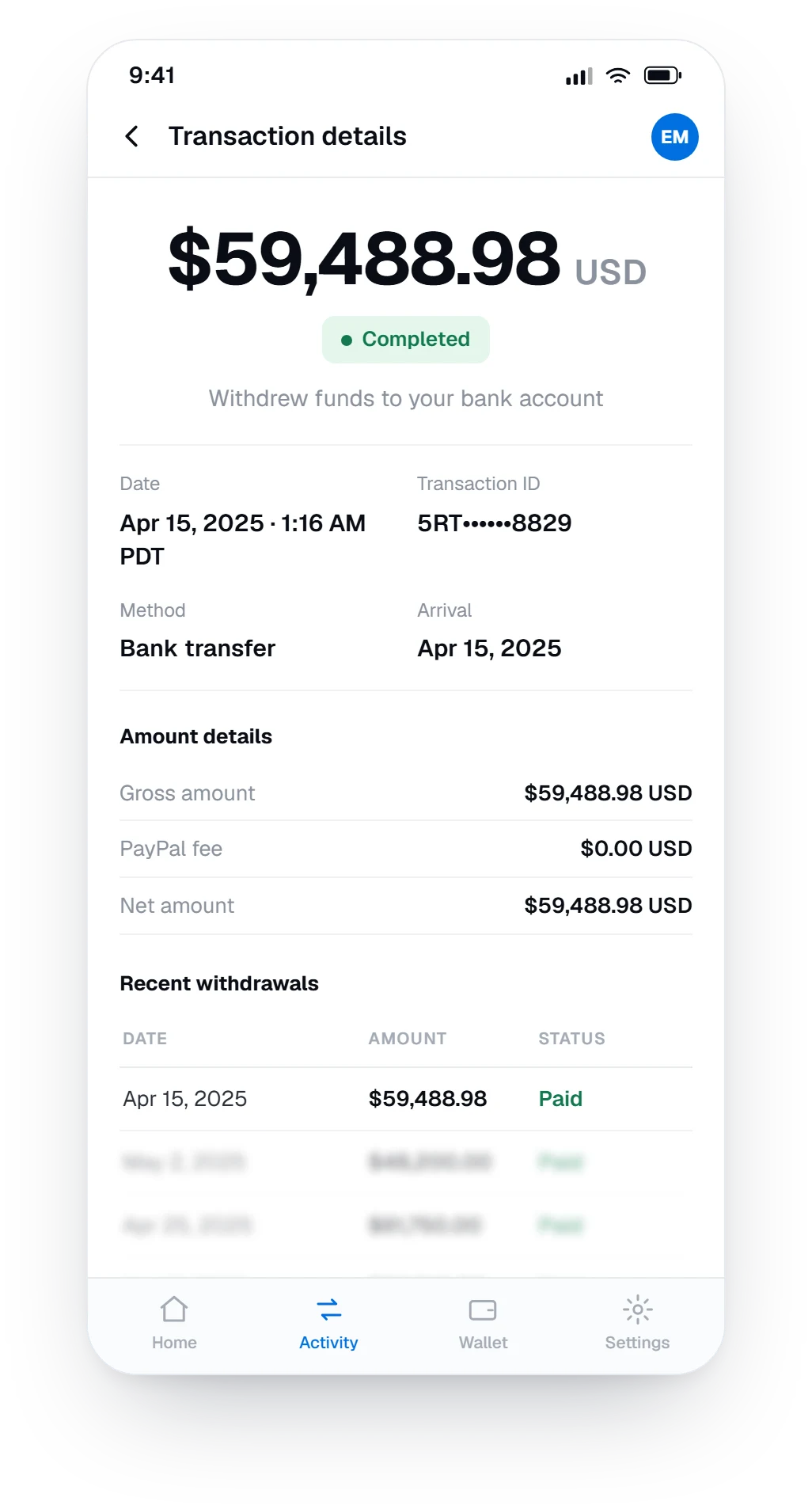 PayPal dashboard showing a completed $59,488.98 withdrawal to a bank account