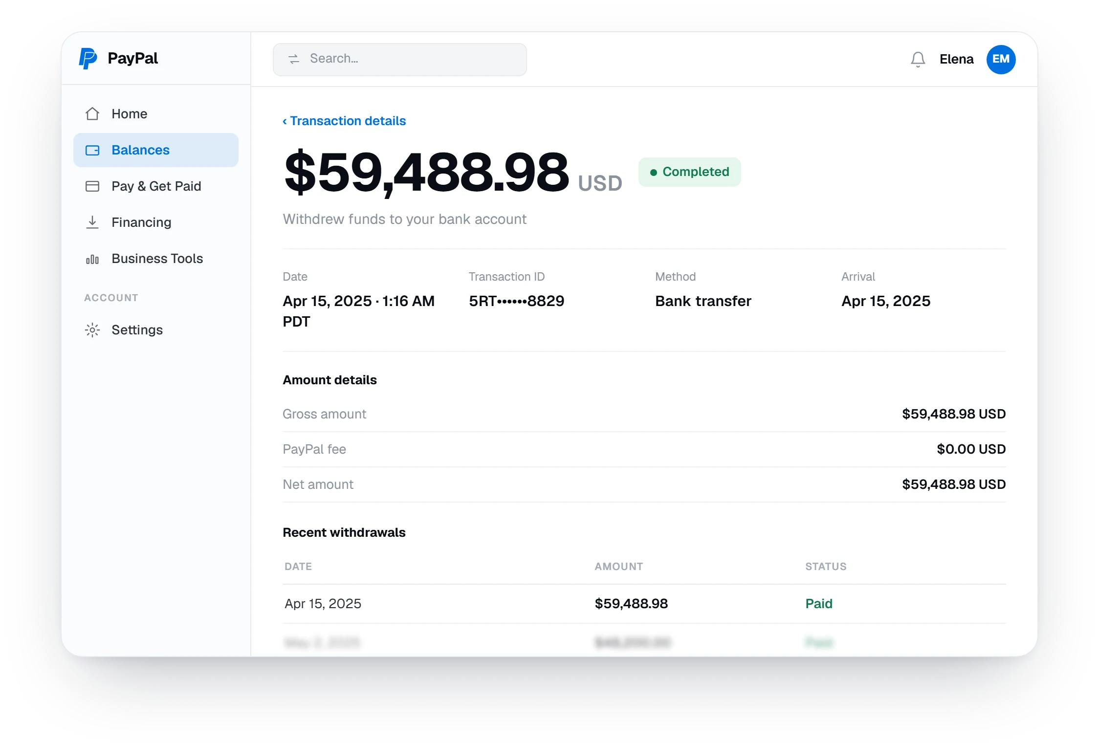 PayPal dashboard showing a completed $59,488.98 withdrawal to a bank account