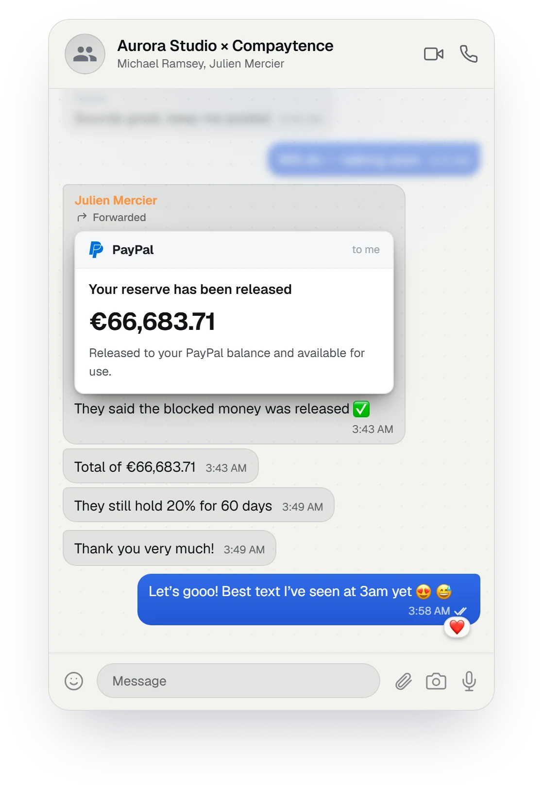Client chat: the blocked money was released, a total of €66,683.71
