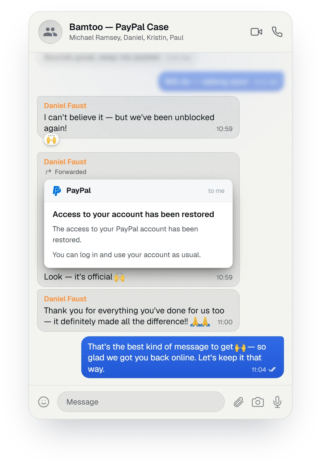 Client chat: PayPal account access restored, "we've been unblocked again"