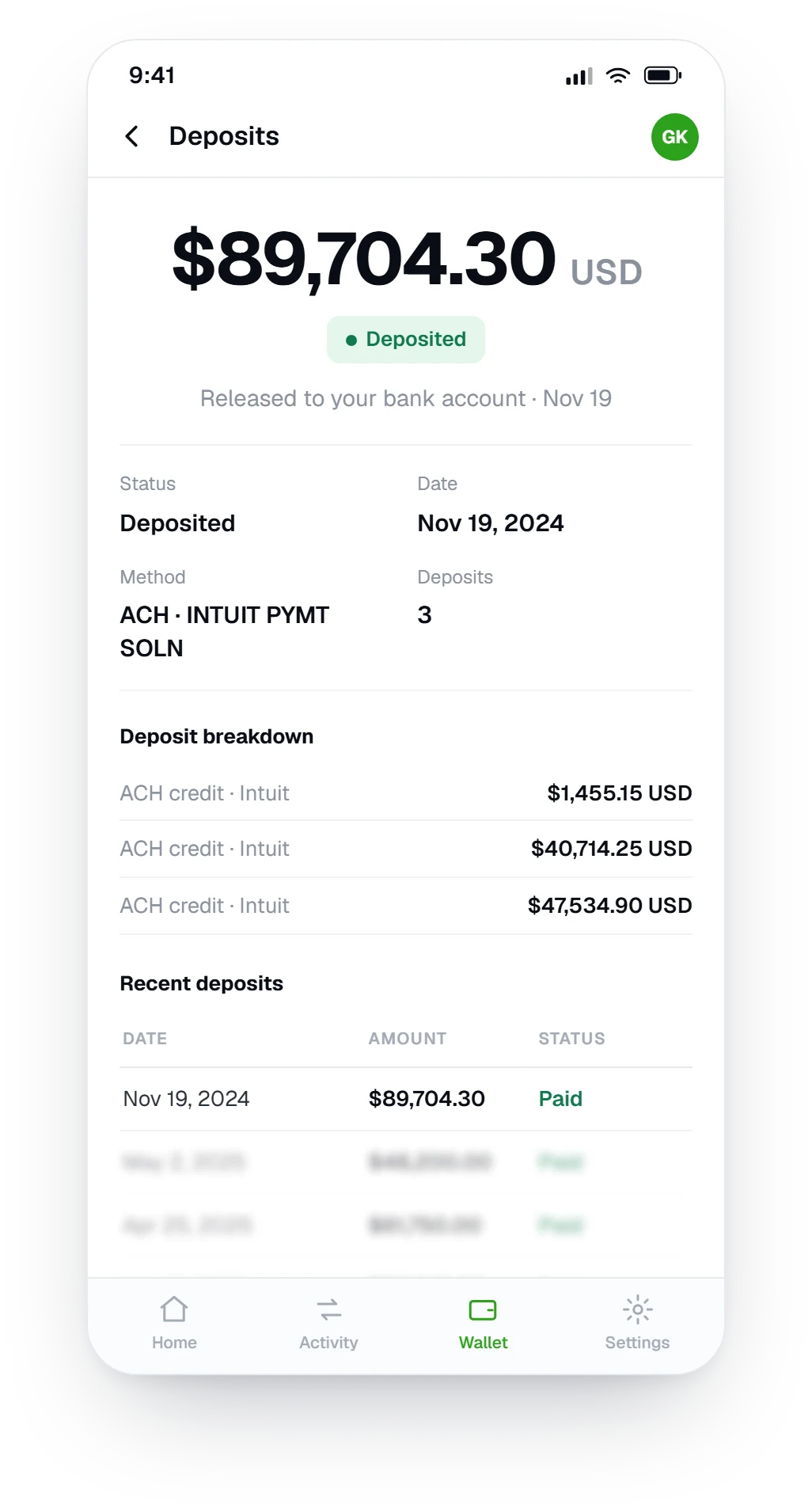 QuickBooks dashboard showing $89,704.30 in U.S. bank deposits released