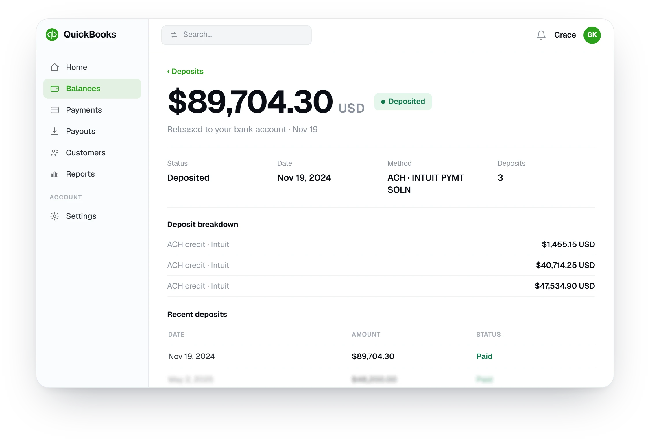 QuickBooks dashboard showing $89,704.30 in U.S. bank deposits released