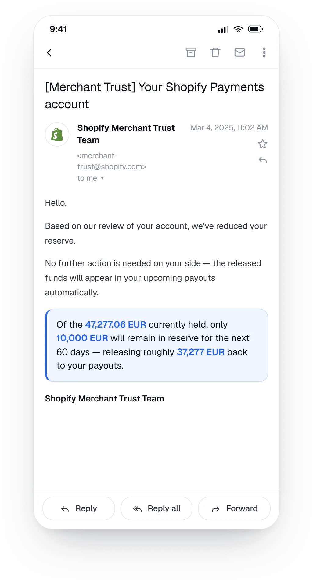Shopify Merchant Trust email reducing the held reserve to 10,000 EUR