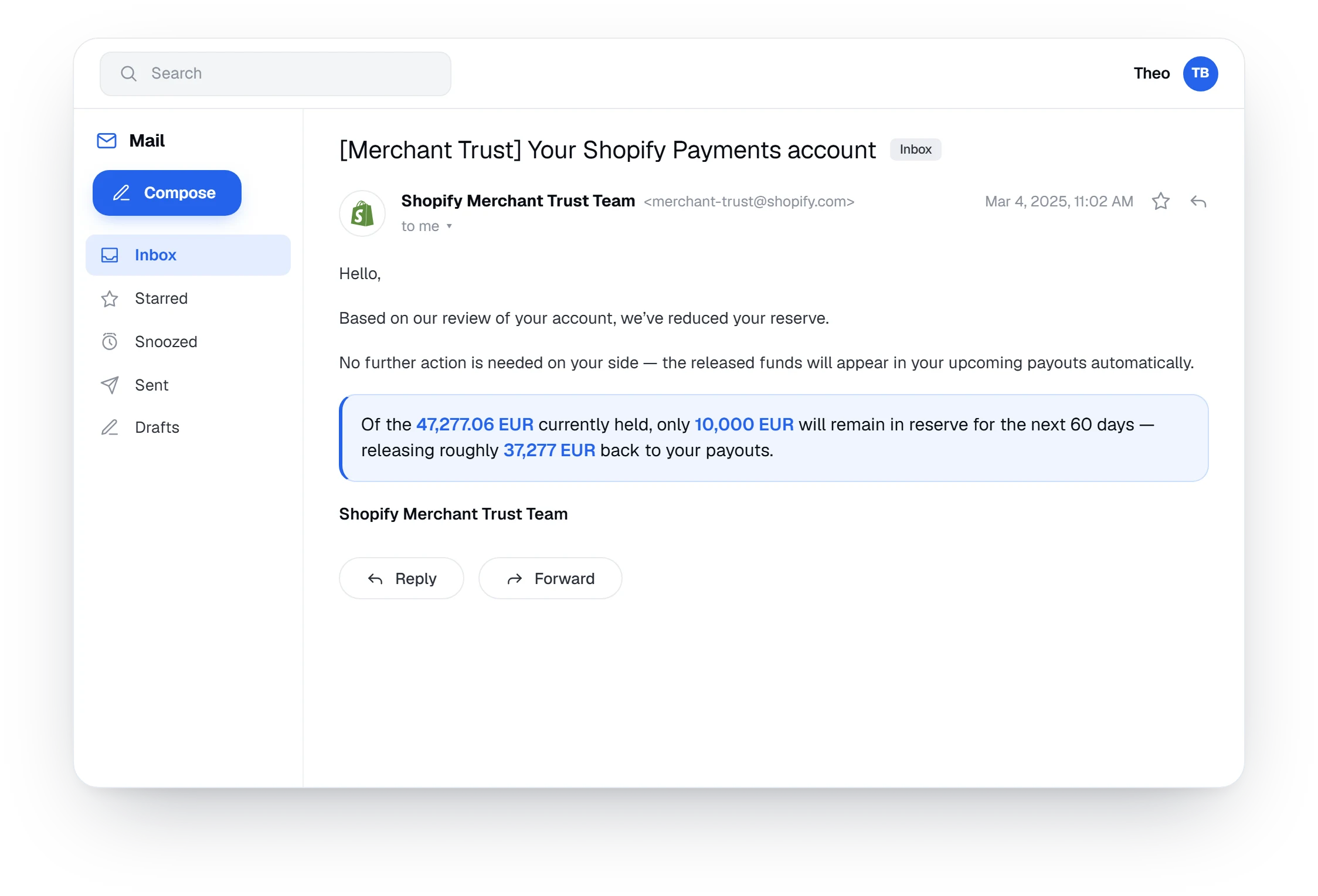 Shopify Merchant Trust email reducing the held reserve to 10,000 EUR