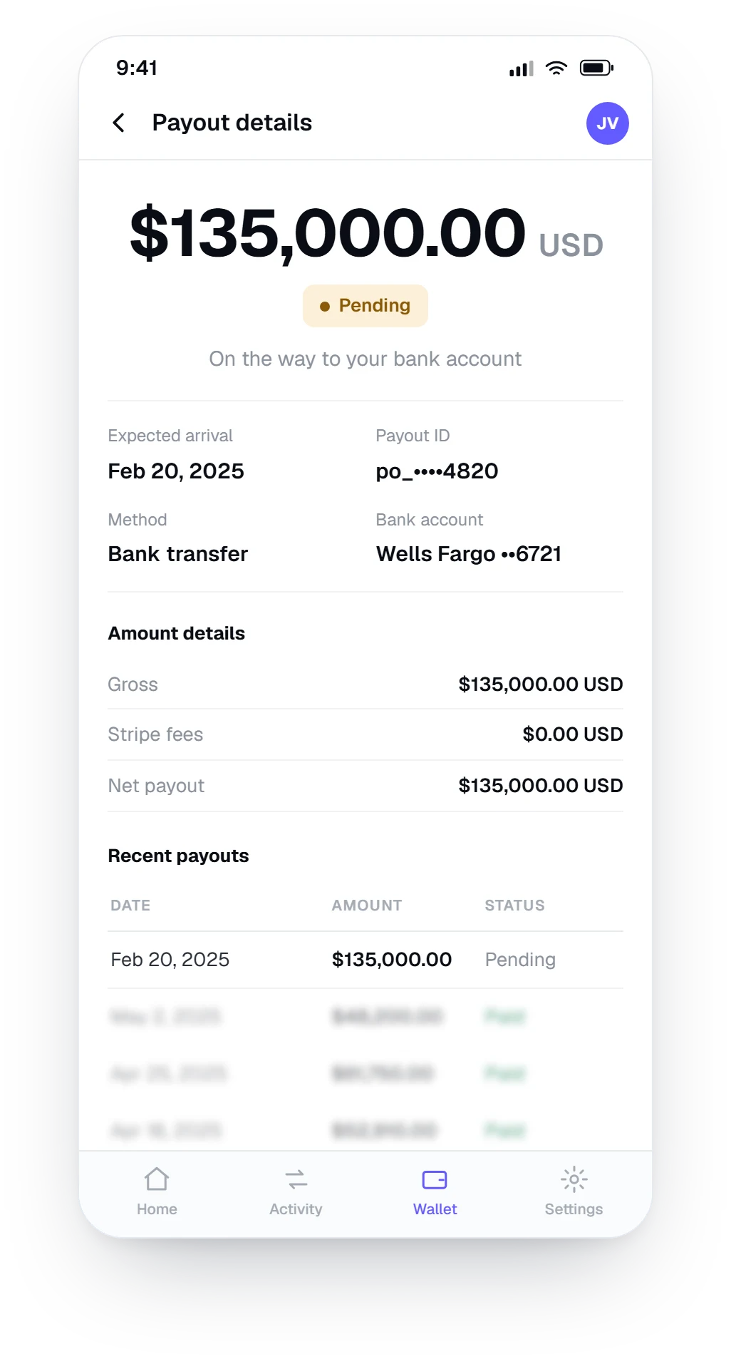 Stripe dashboard showing a $135,000 payout on the way to the bank
