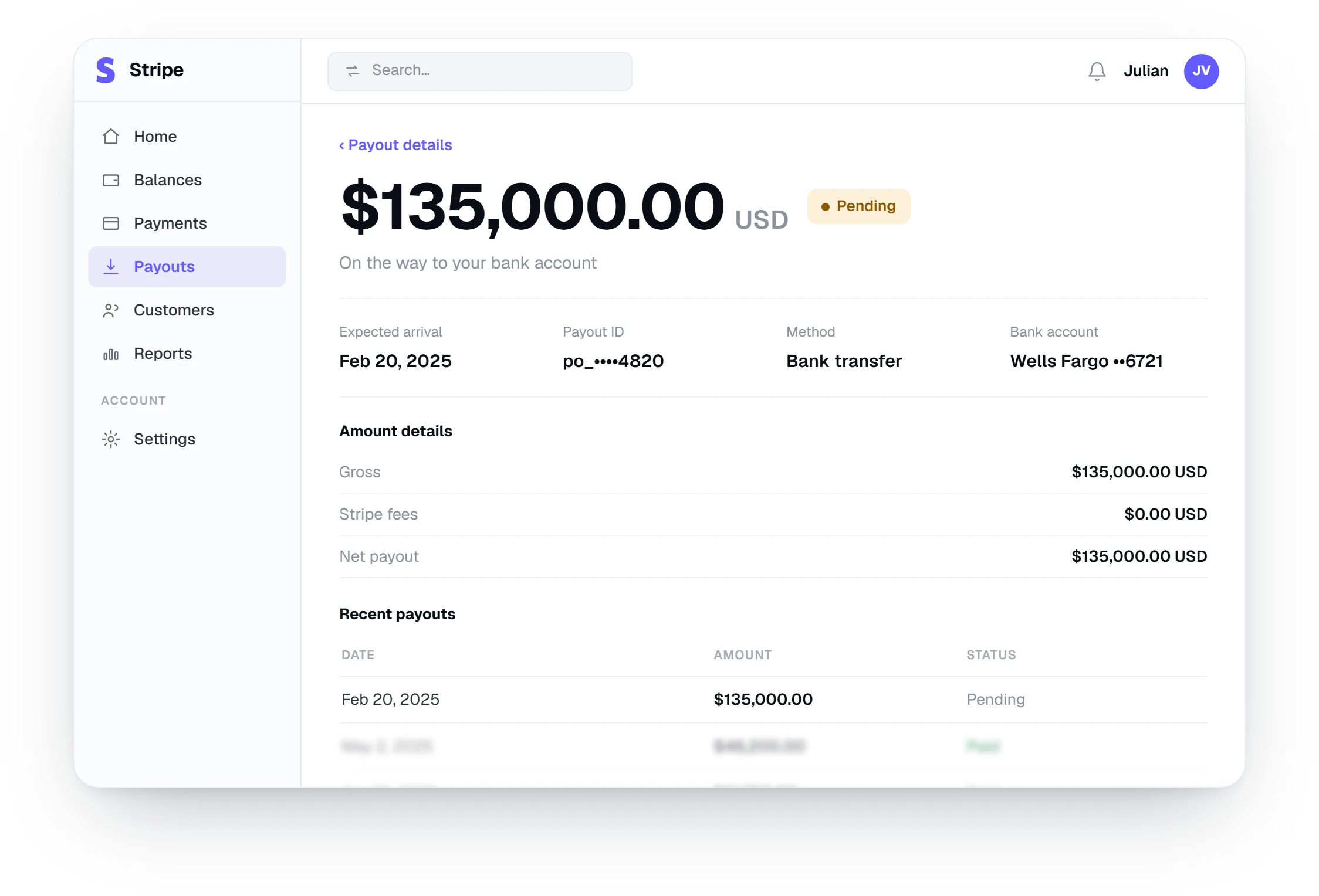 Stripe dashboard showing a $135,000 payout on the way to the bank
