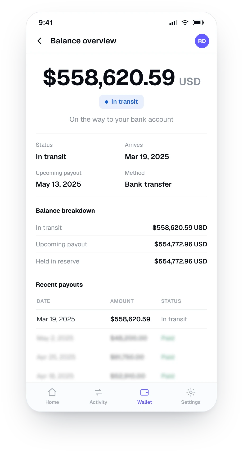 Stripe dashboard showing a $558,620.59 balance released and in transit to the bank