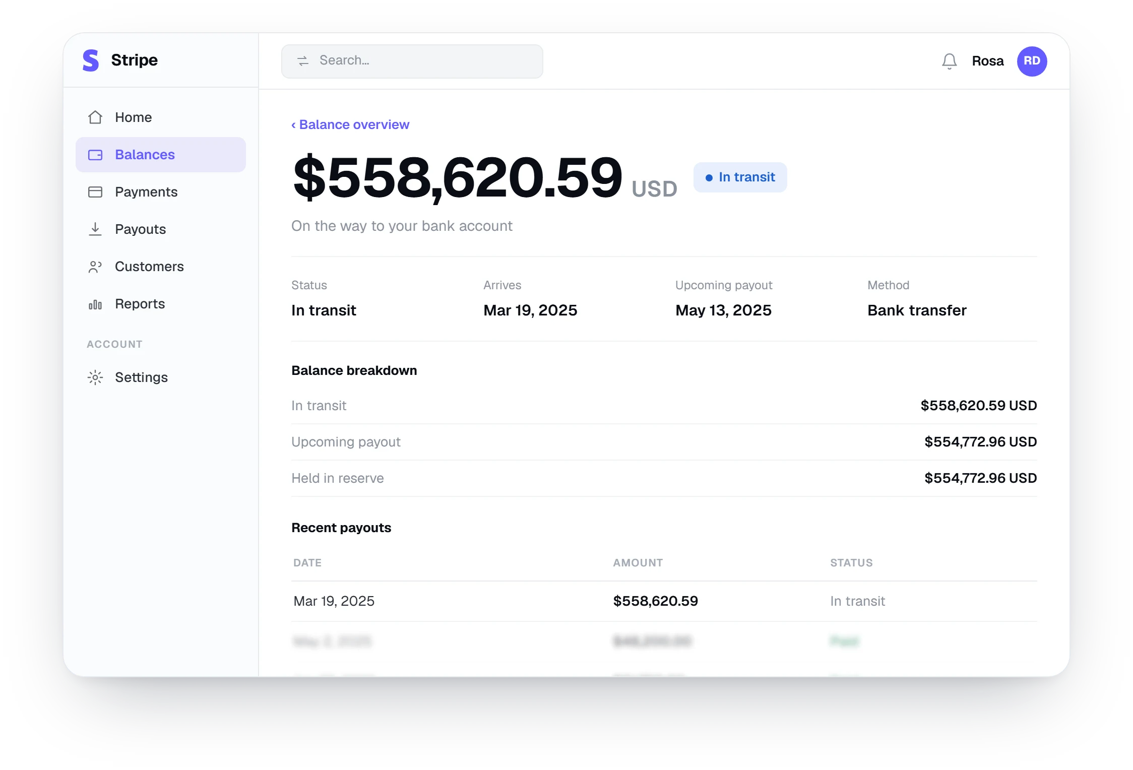 Stripe dashboard showing a $558,620.59 balance released and in transit to the bank