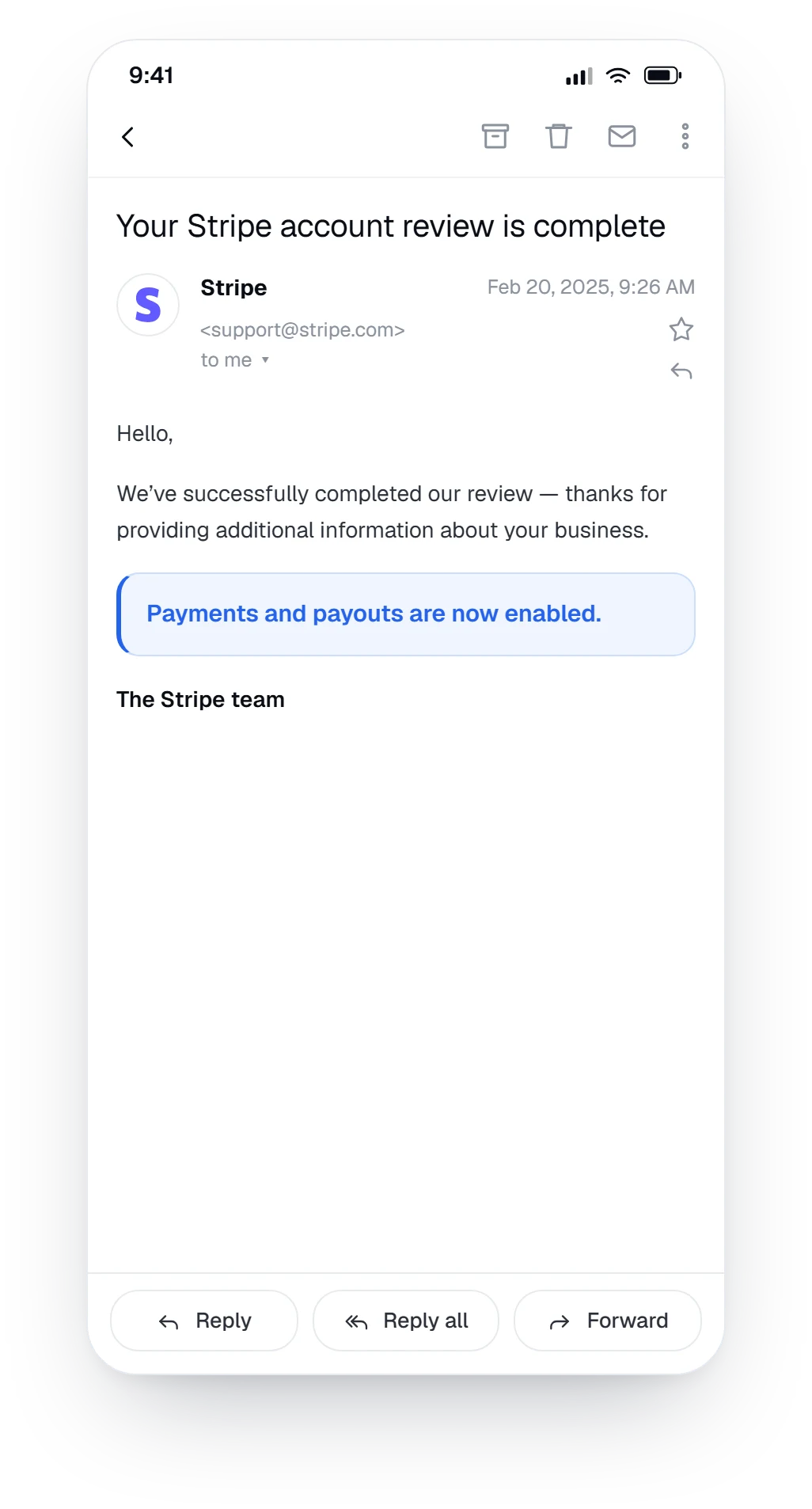 Stripe email confirming the account review is complete and payouts are enabled