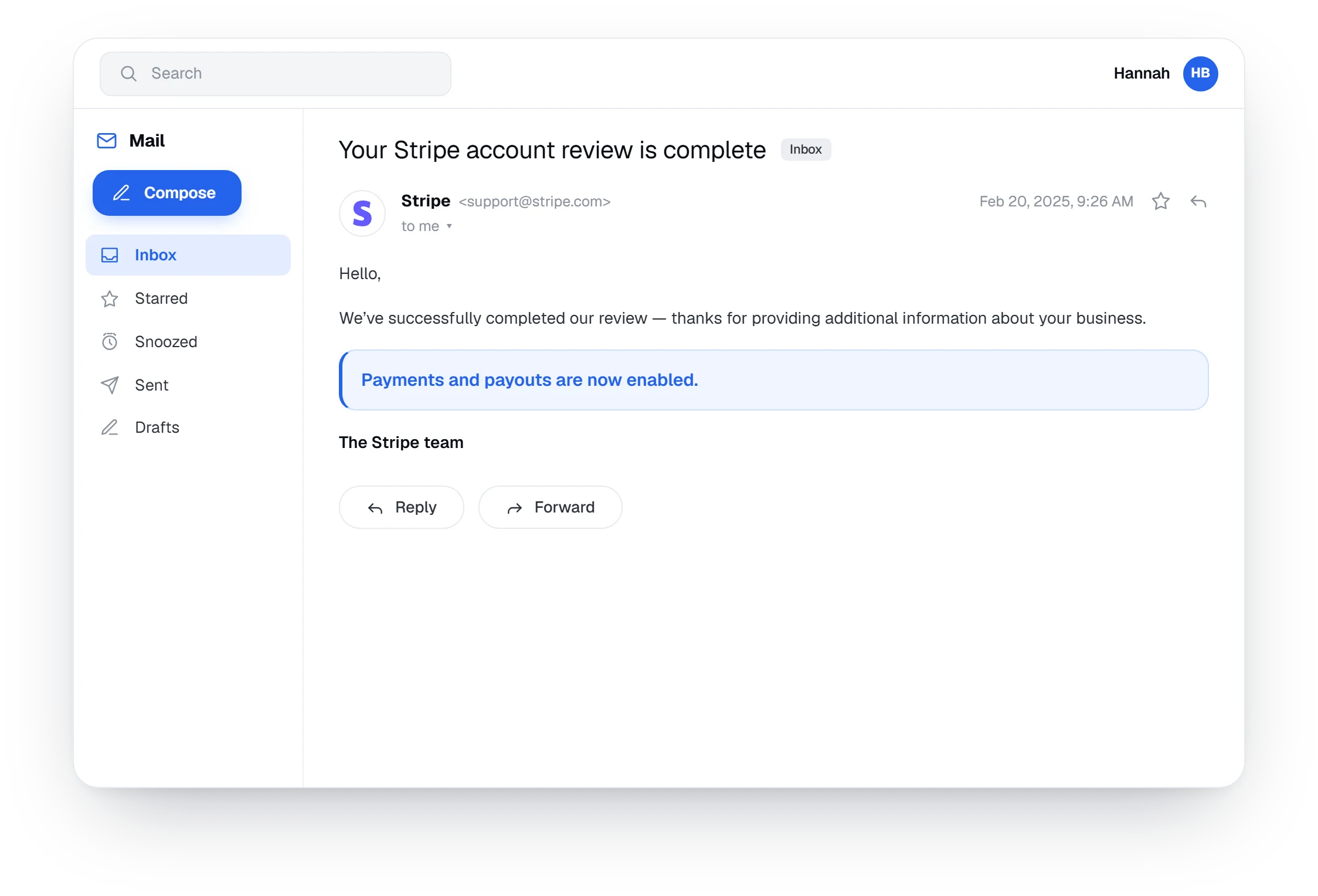Stripe email confirming the account review is complete and payouts are enabled